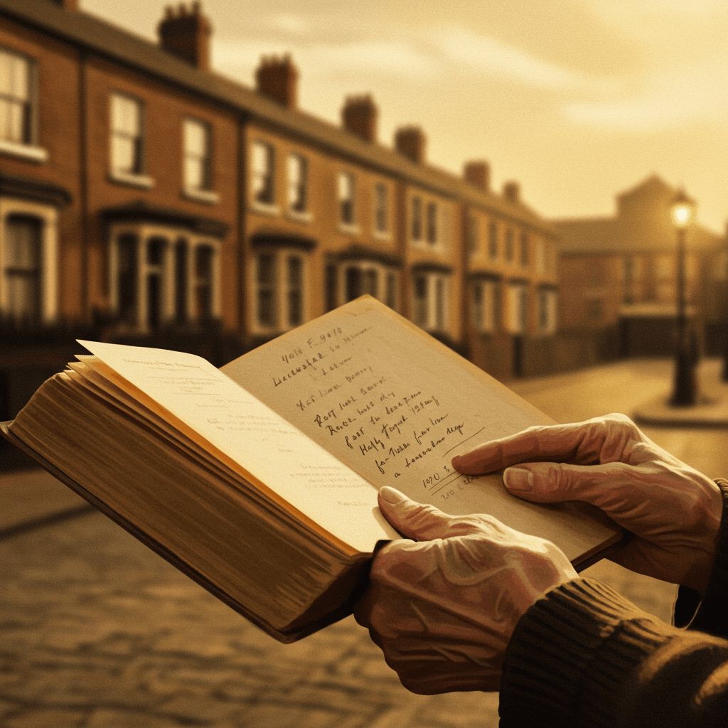 Hands holding a notebook on a Leicester street at dusk