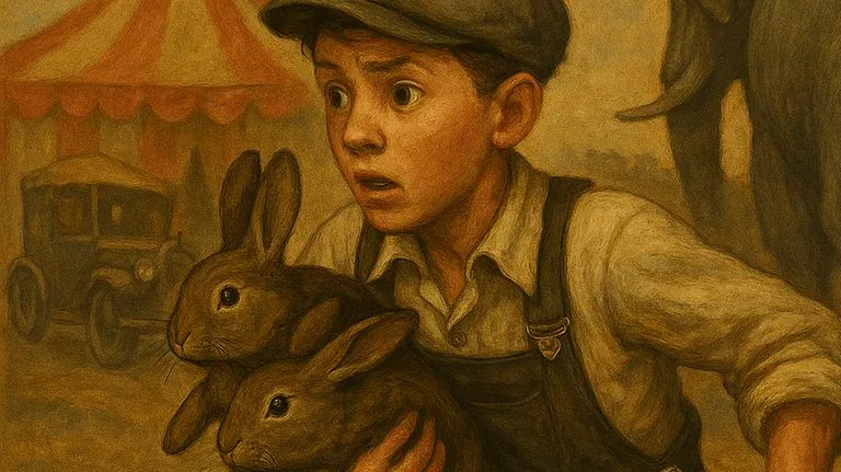 Boy with rabbits near a circus in 1940s Leicester