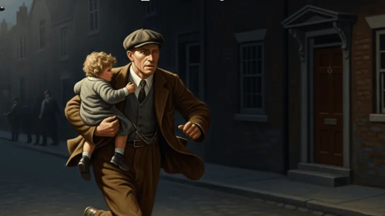 Father running with child through a 1940s/50s street